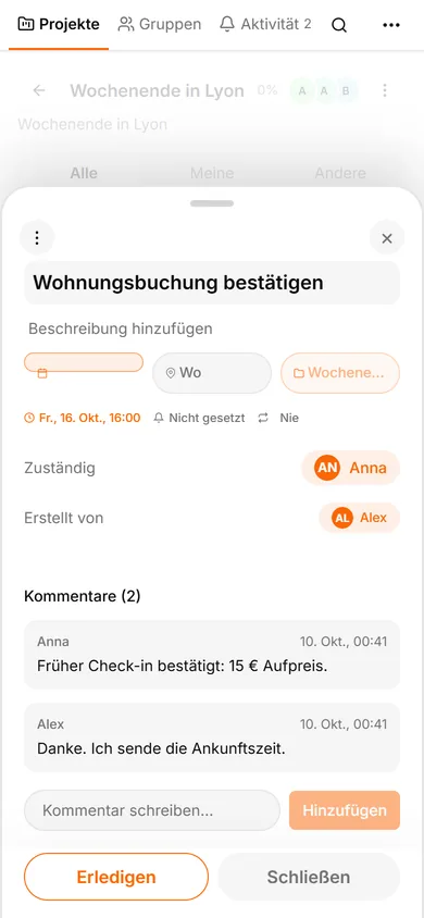 TasksNet-Oberfläche: Kommentare — Das richtige Gespräch tatsächlich lesen