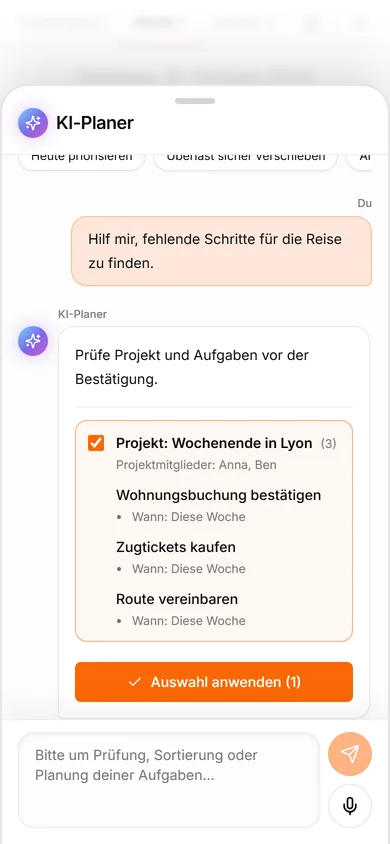 TasksNet KI-Assistent: Fehlende Schritte vor der Projekterstellung besprechen