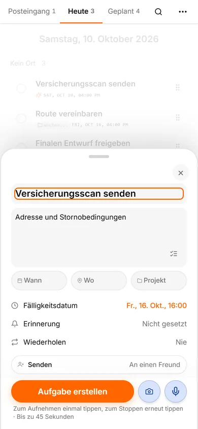 TasksNet-Oberfläche: Aufgabe erstellen — Die Nachricht mit dem eigentlichen Auftrag auswählen