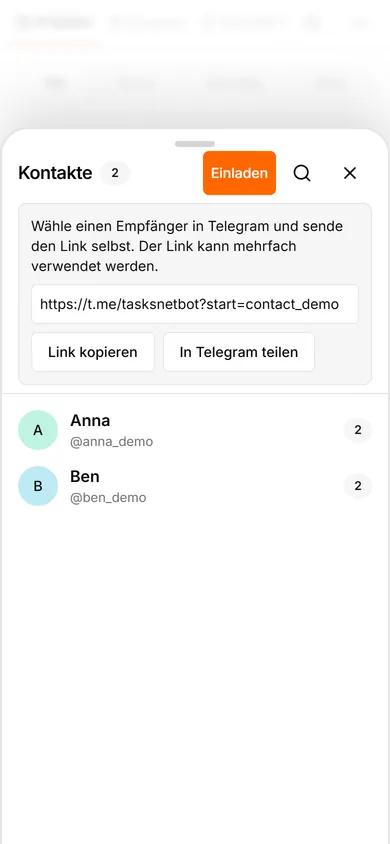 TasksNet-Oberfläche: Kontakte — Jemanden in deinen Kreis einladen
