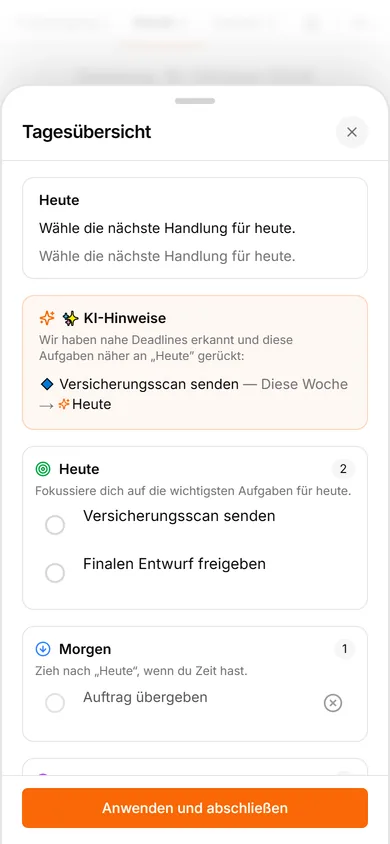 TasksNet-Oberfläche: Tagesübersicht — Eine Tagesübersicht statt eines Signals für jeden Gedanken