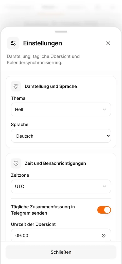 TasksNet-Oberfläche: Einstellungen — Vier Punkte vor dem Speichern