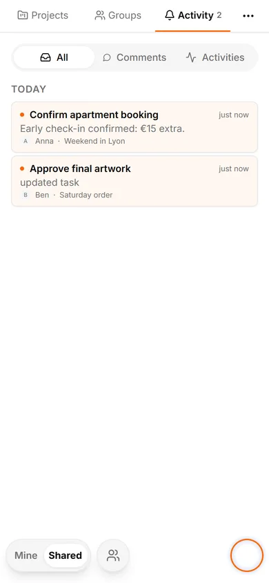 TasksNet interface: Activity — Open Shared and Activity