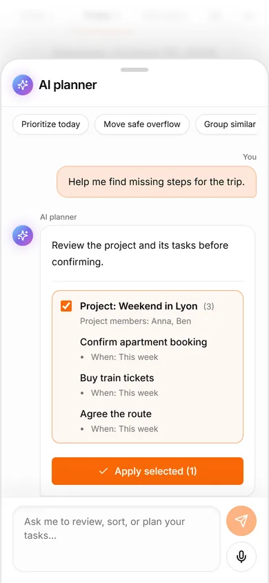 TasksNet AI assistant: Discuss the missing steps before creating the project