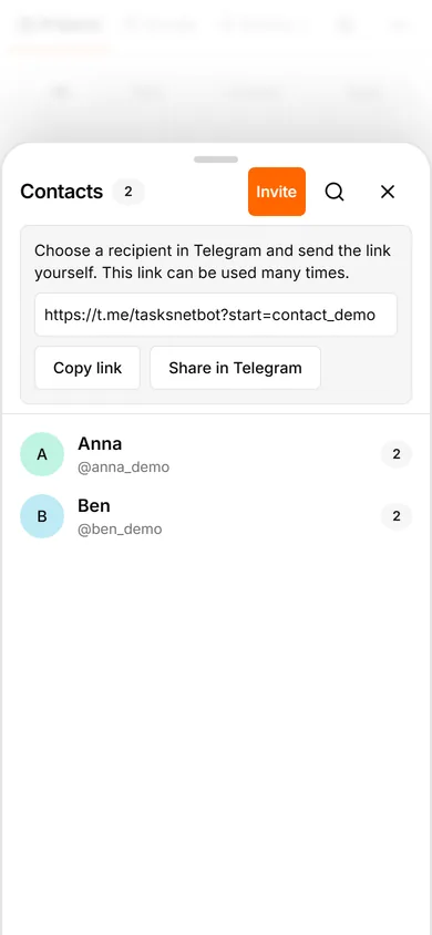 TasksNet interface: Contacts — Invite someone you want to work with