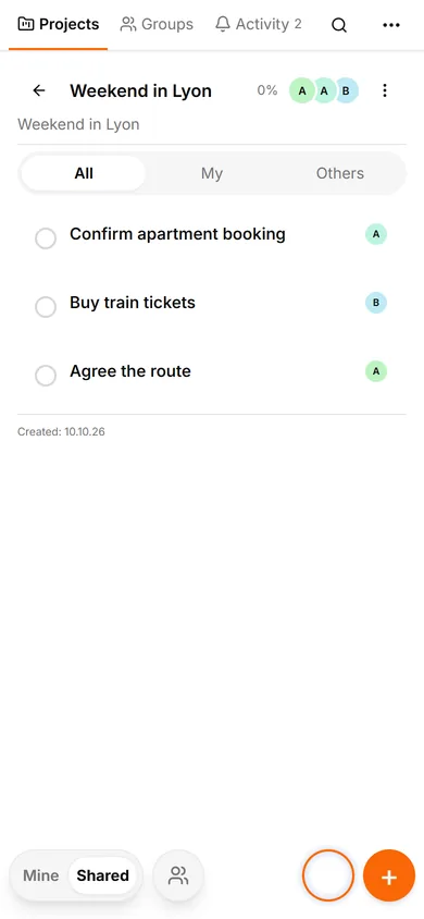 TasksNet interface: Projects — Create the project and invite its participants