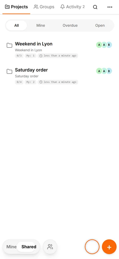 TasksNet interface: Projects — Use Shared for the common picture