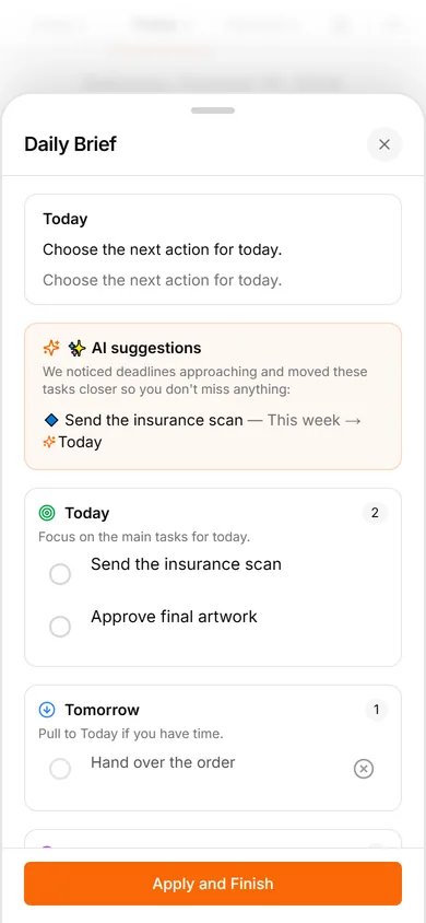 TasksNet interface: Daily Brief — Use one daily overview instead of a signal for every thought
