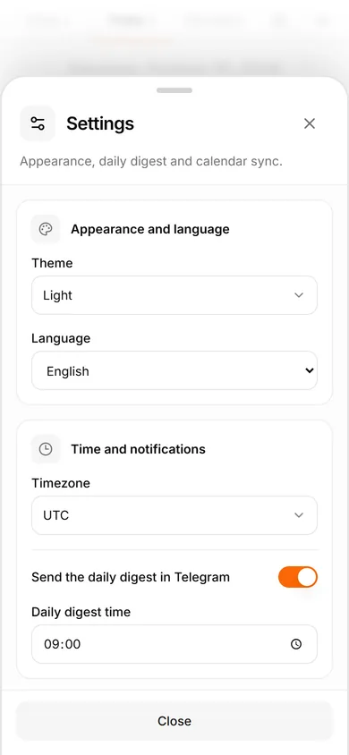 TasksNet interface: Settings — Before saving, check four details