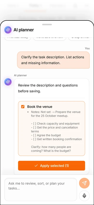 TasksNet AI assistant proposes a clearer venue booking description