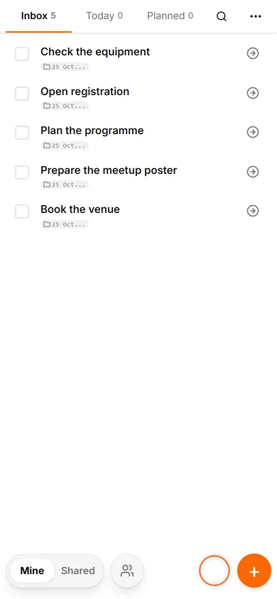 Five meetup preparation tasks in Anya’s personal Inbox