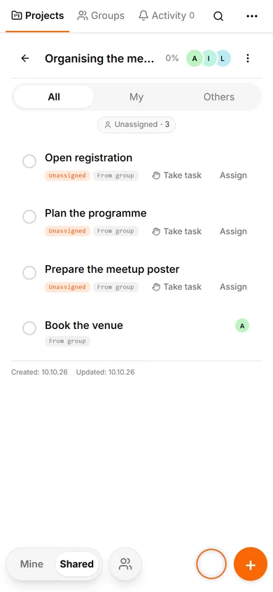 The project view shows the same tasks as the group view