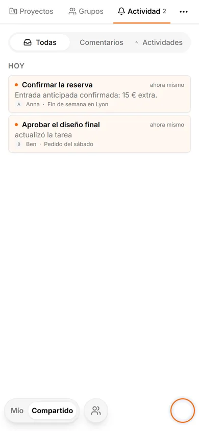 Interfaz de TasksNet: Actividad — Abre Compartido y Actividad