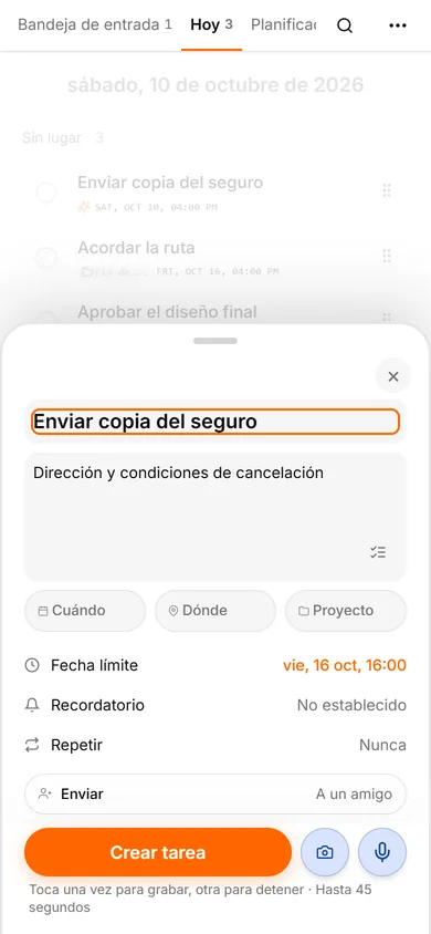 Interfaz de TasksNet: Crear tarea — Elige el mensaje que contiene la petición