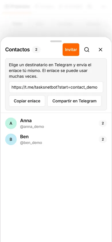 Interfaz de TasksNet: Contactos — Invita a alguien a tu círculo