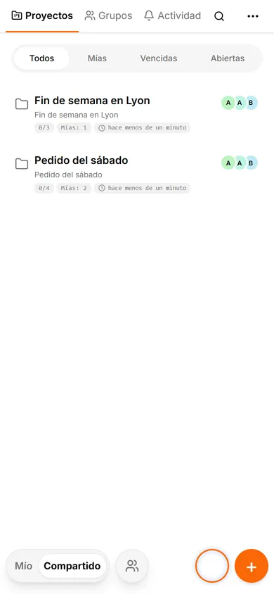 Interfaz de TasksNet: Proyectos — Usa Compartido para la visión común