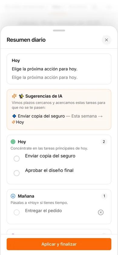 Interfaz de TasksNet: Resumen diario — Un resumen diario en lugar de una señal por cada idea