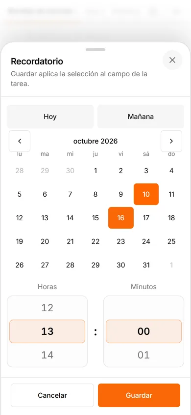 Interfaz de TasksNet: Cuándo — Separa la fecha límite del recordatorio