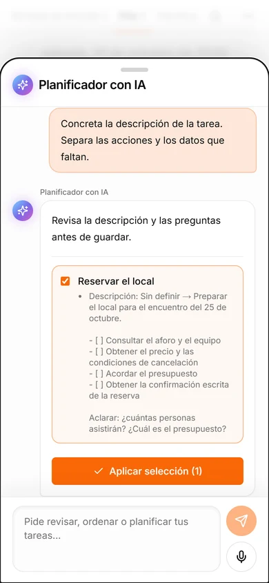 El asistente AI de TasksNet propone concretar la reserva del local