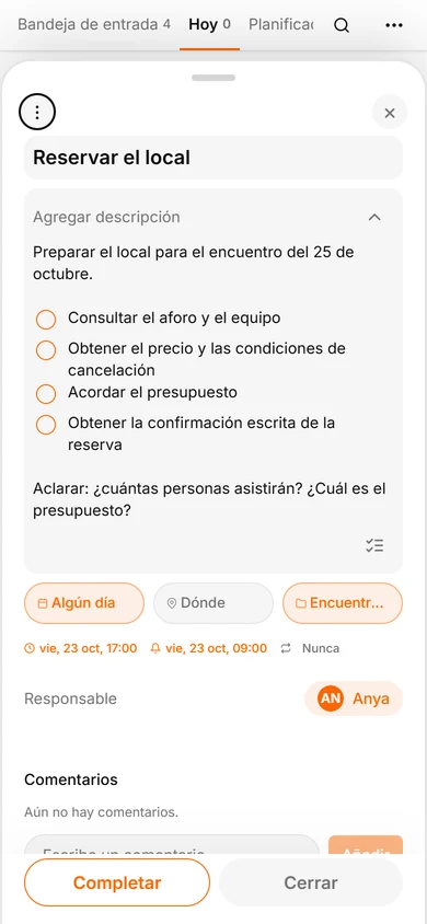 Lista para reservar el local con fecha límite del 23 de octubre a las 17:00