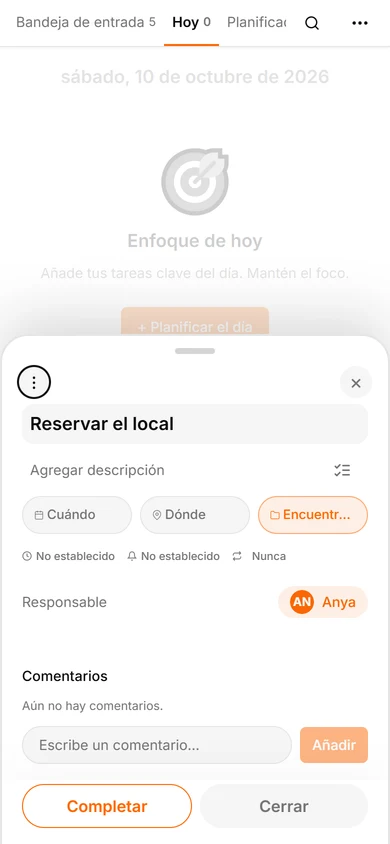 Tarea Reservar el local vinculada al proyecto Encuentro del 25 de octubre