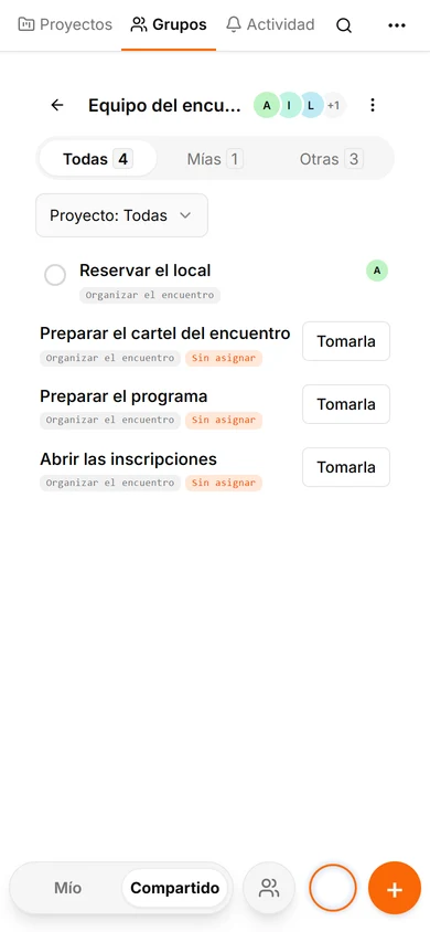 La vista del grupo de Anya muestra las tareas vinculadas al proyecto