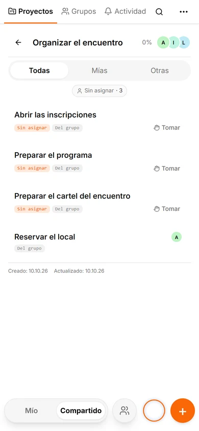 La pantalla de Ilya muestra el proyecto y sus tareas del encuentro