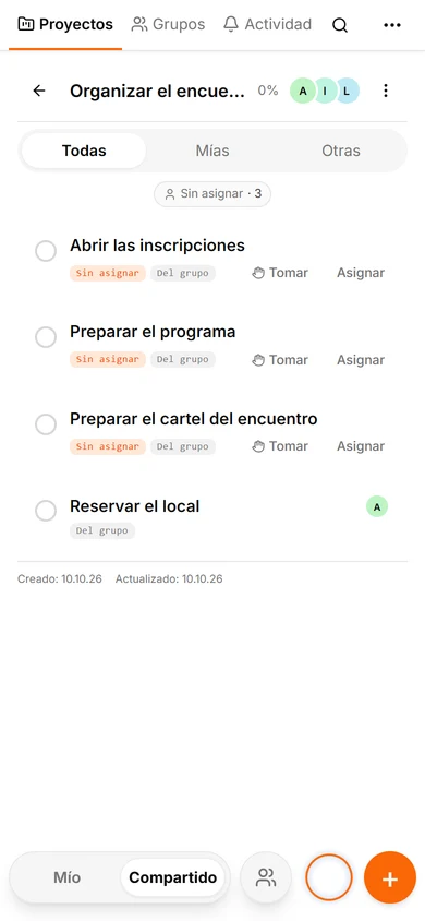 La vista del proyecto contiene las mismas tareas que la del grupo