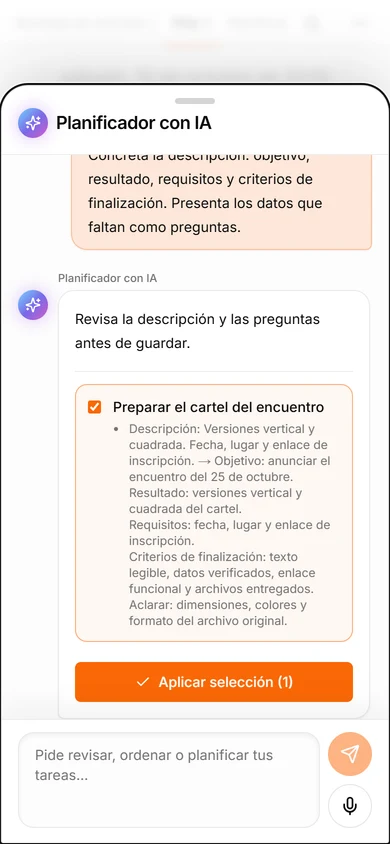 El asistente propone un encargo con objetivo, resultado y criterios de finalización