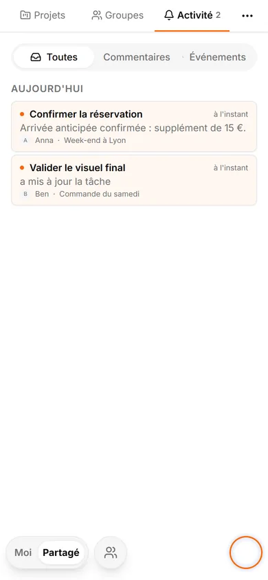 Interface TasksNet: Activité — Ouvrir Partagé et Activité