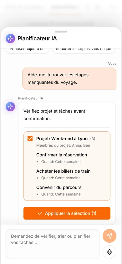 Assistant IA TasksNet: Chercher les étapes manquantes avant de créer le projet