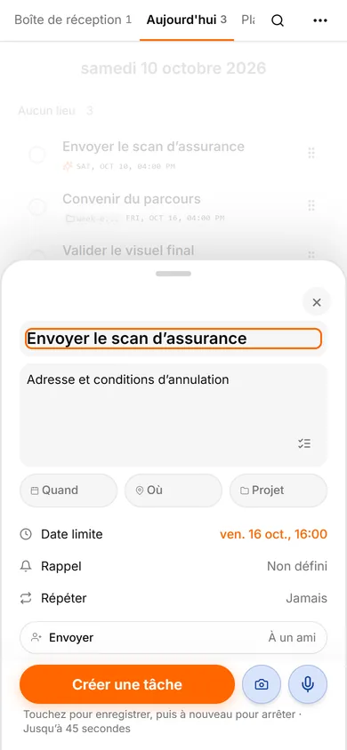 Interface TasksNet: Créer une tâche — Choisir le message qui contient la demande