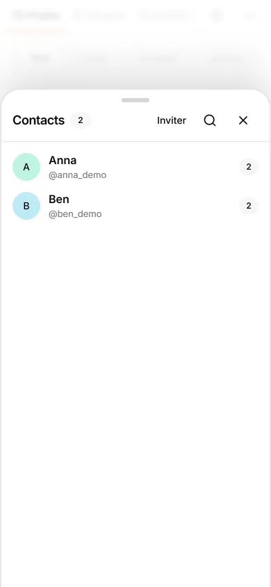 Interface TasksNet: Contacts — Ouvrir Contacts et retrouver le travail partagé