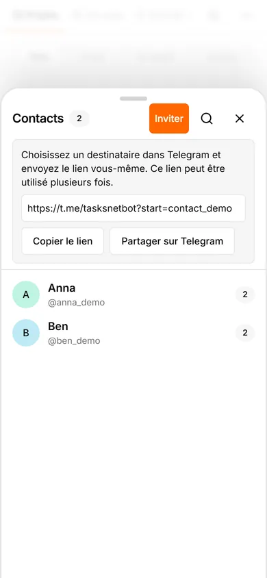 Interface TasksNet: Contacts — Inviter une personne dans votre cercle