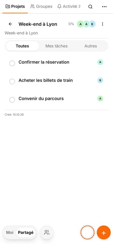 Interface TasksNet: Projets — Créer le projet et inviter les participants