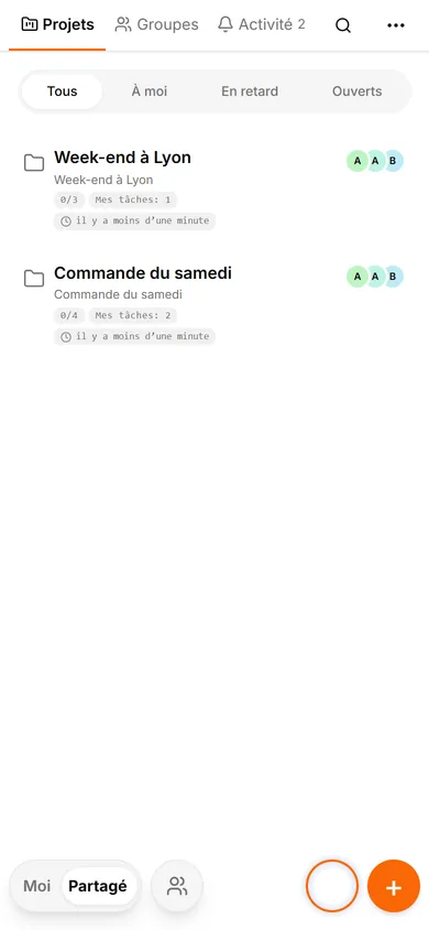 Interface TasksNet: Projets — Utiliser Partagé pour la vue commune