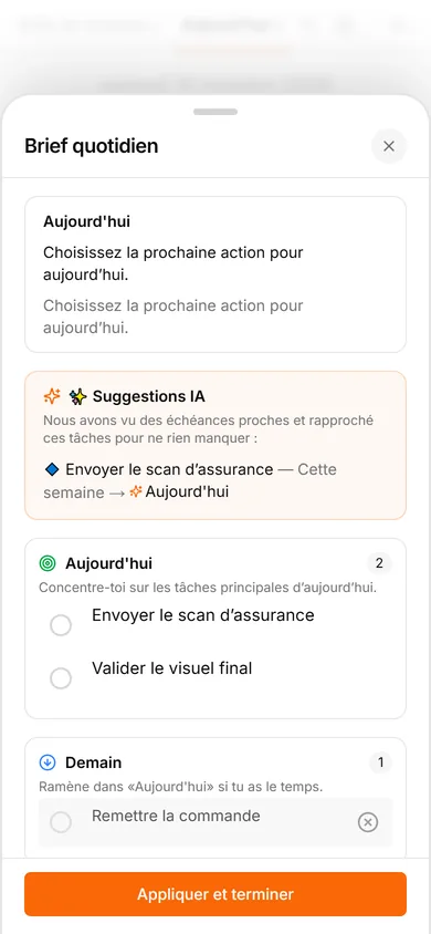Interface TasksNet: Brief quotidien — Une synthèse quotidienne plutôt qu’un signal par idée