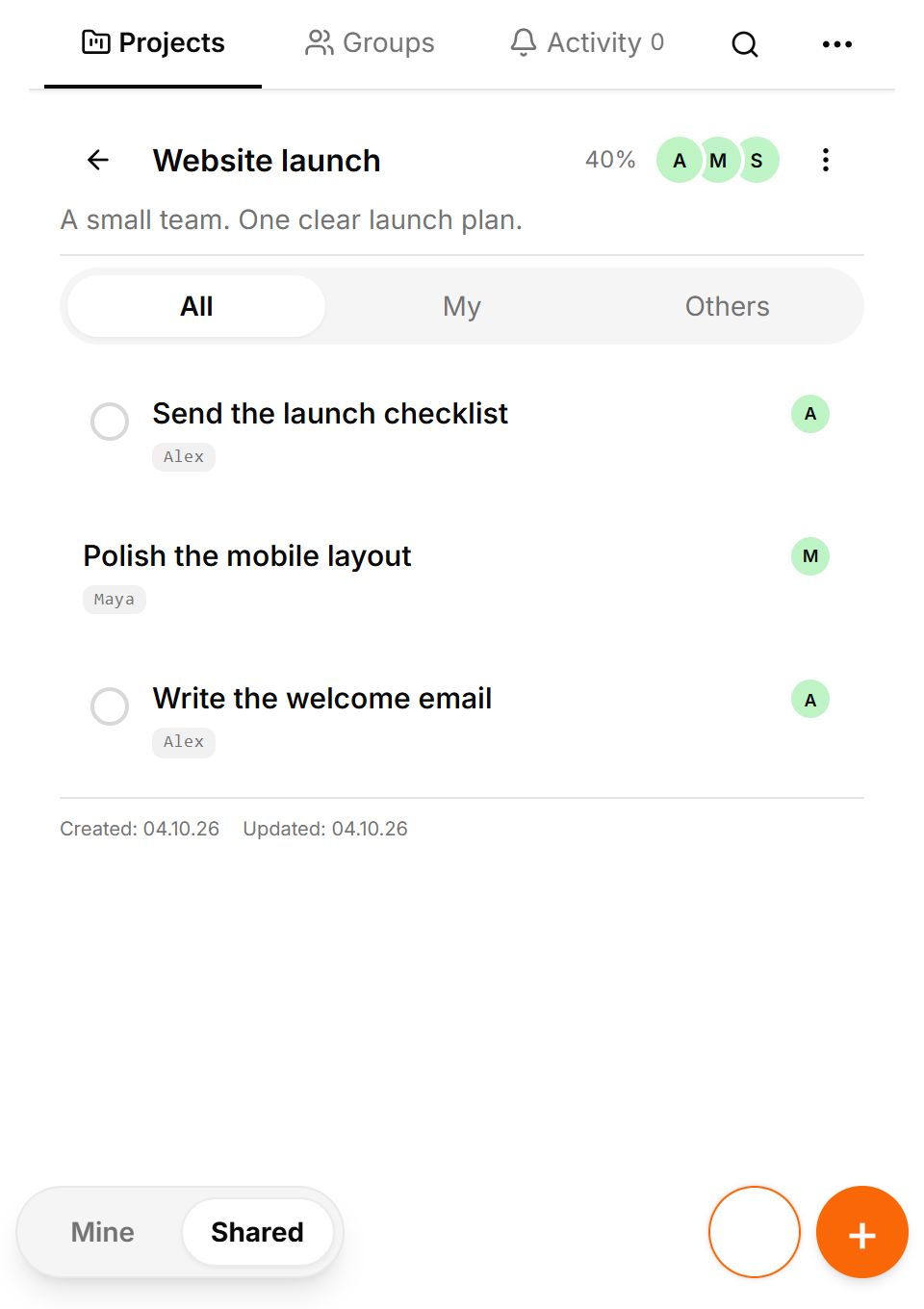 TasksNet Website launch project in English with members, assigned tasks and completed work.
